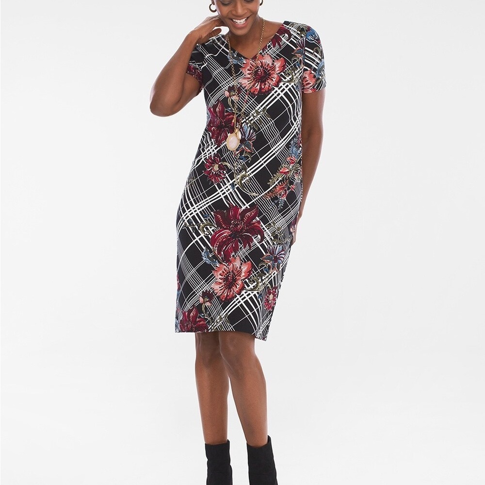 Chico’s Ponte Floral Sheath Stripe Dress Sx 3 (XL/16). NWT